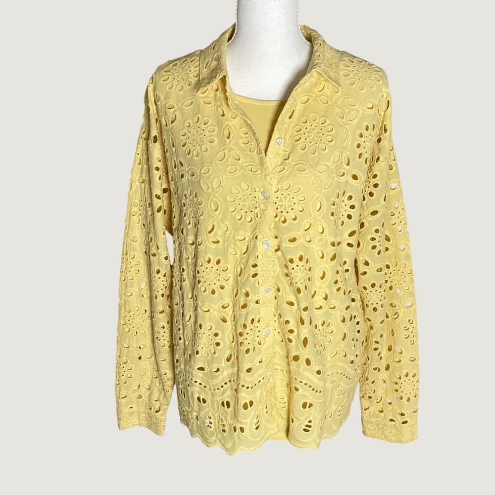 J. Jill Eyelet Button Down Shirt Tank Set Womens L Yellow Boho Lace Scallop Hem
